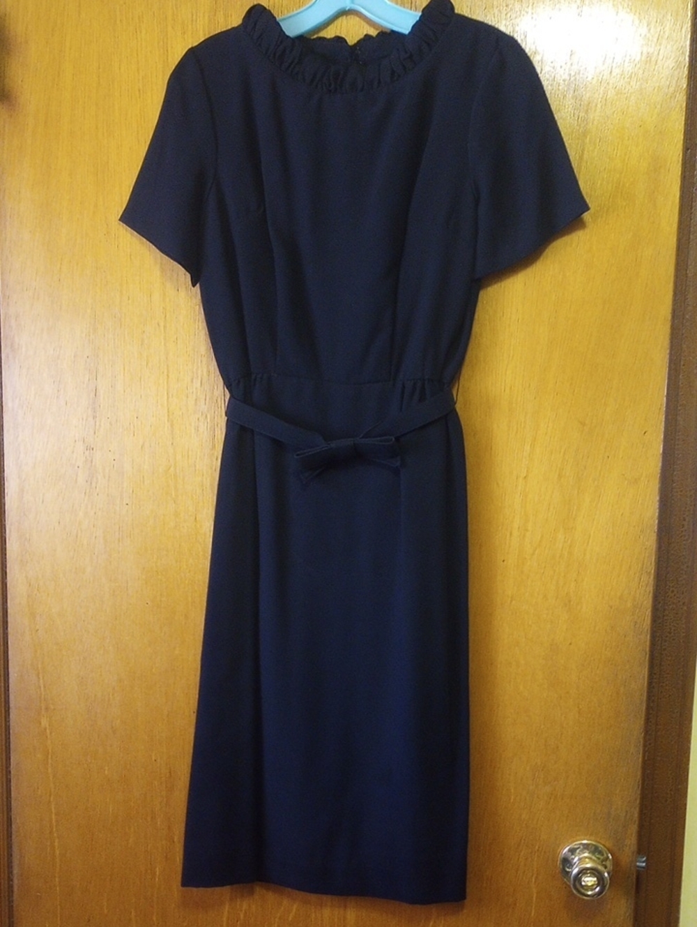 Vintage Neutral Black Midi Prom Dress w/ Short Sleeves, Belt & Bow, Medium? - Picture 2 of 4